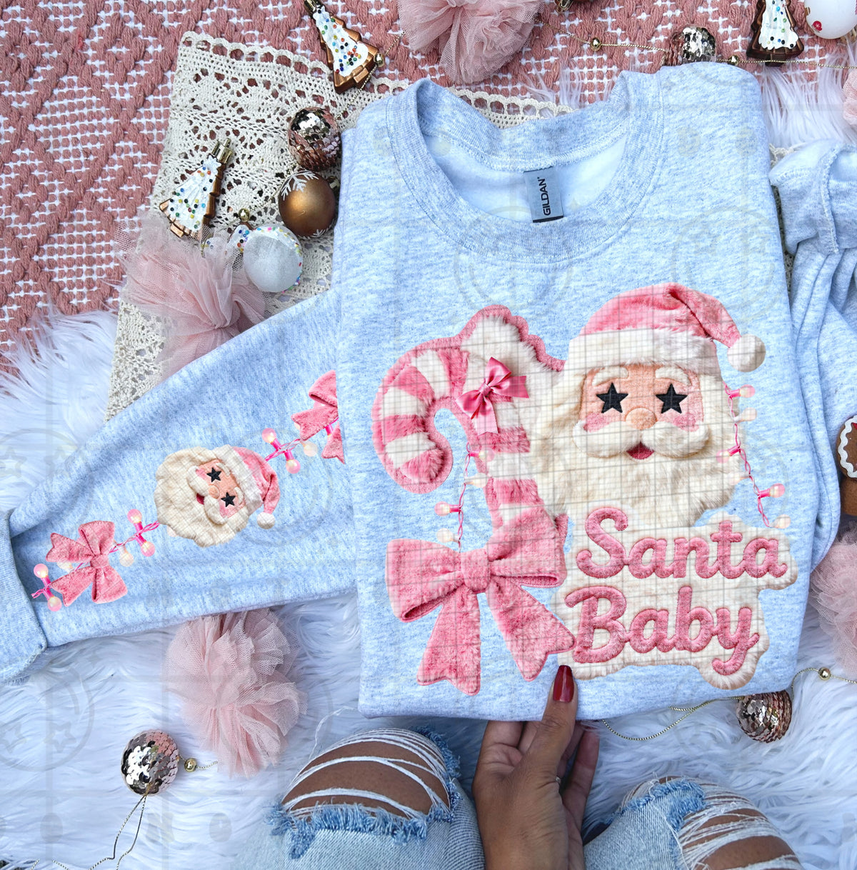 Faux Yarn pink Santa Baby front only (HW) DTF Transfer