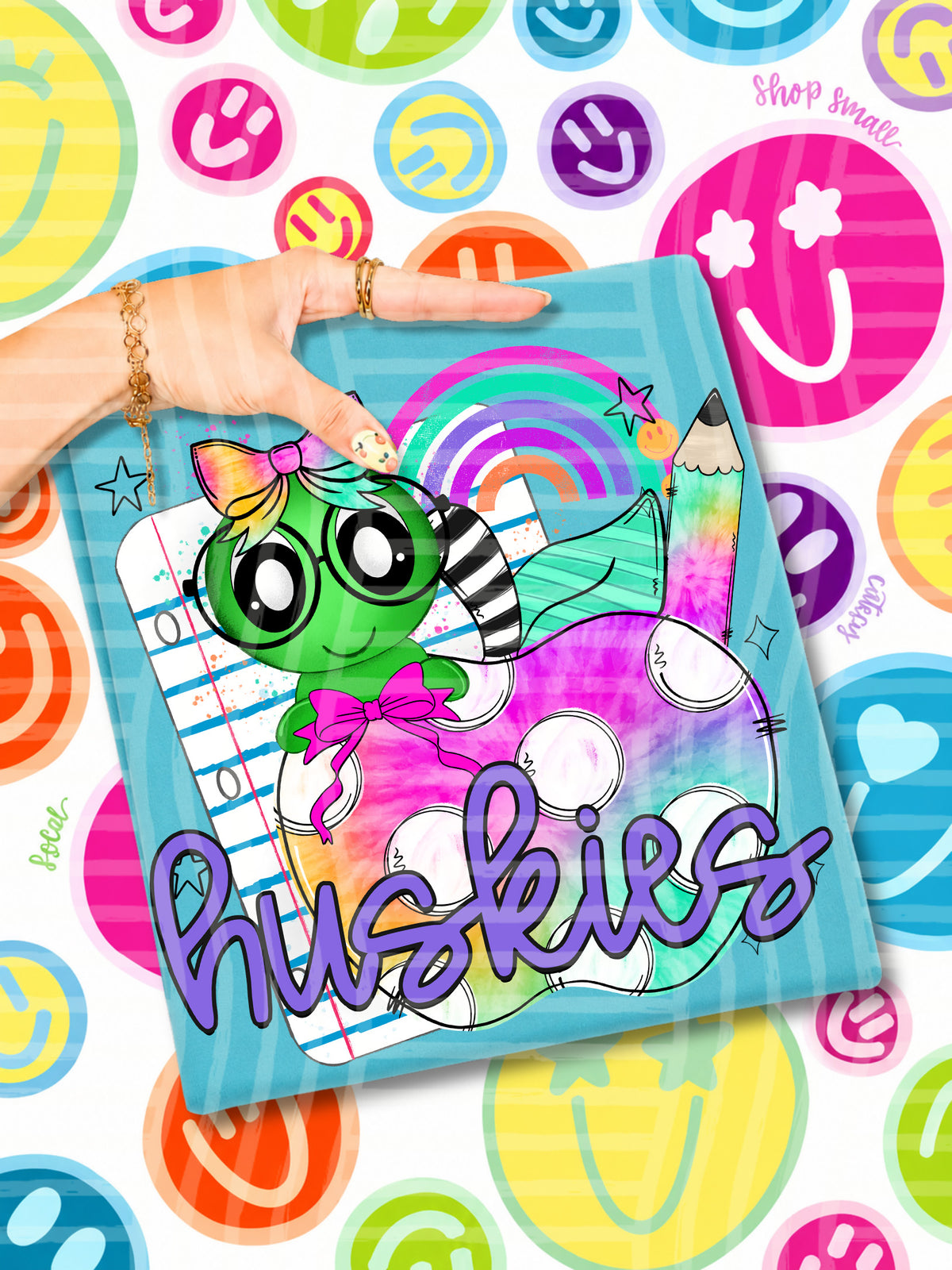 huskies tie dye apple with white dots & green bug (CAPLINGER) DTF Transfer