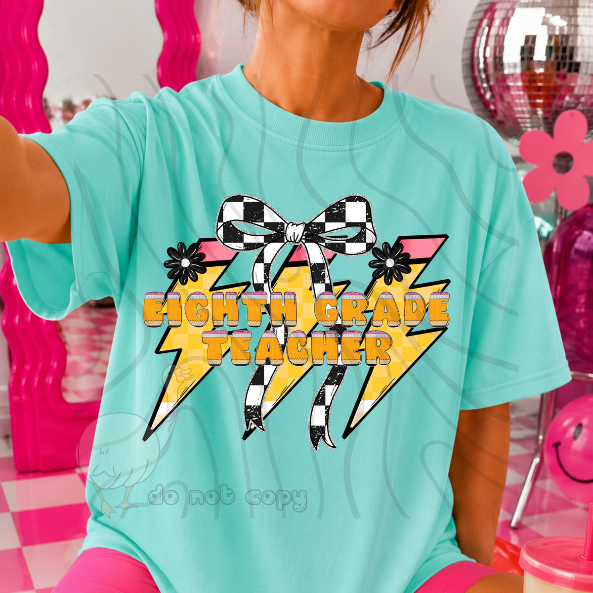 eighth grade teacher 58 lightening bolt black/white bow occupation (dkdbk) DTF transfer
