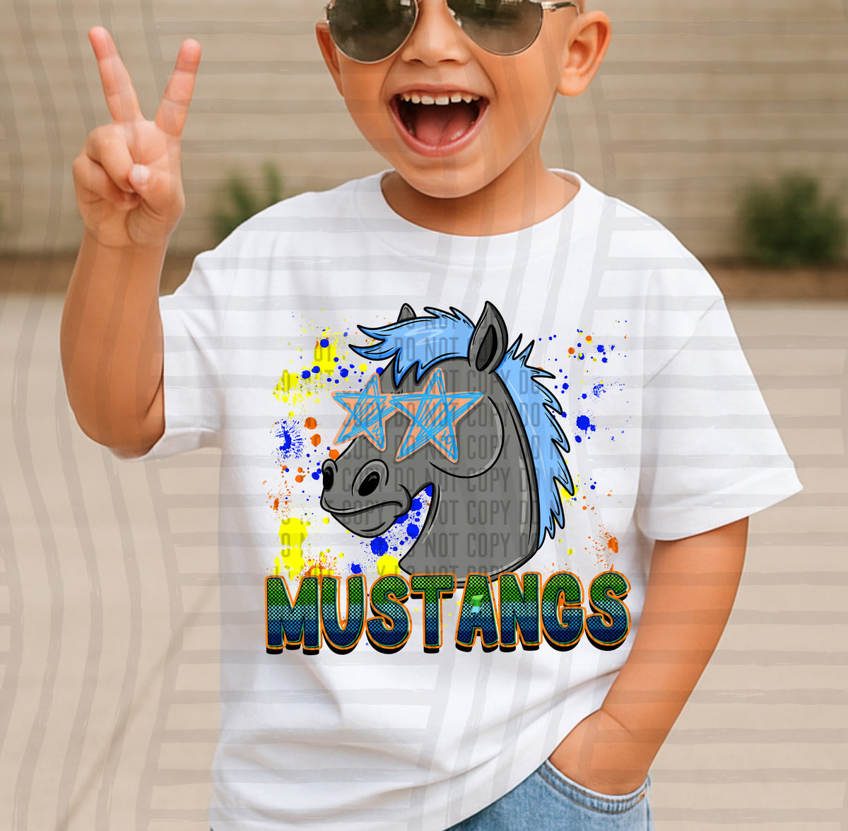 mustangs paint splatter boy blue green and yellow (Caplinger) DTF Transfer