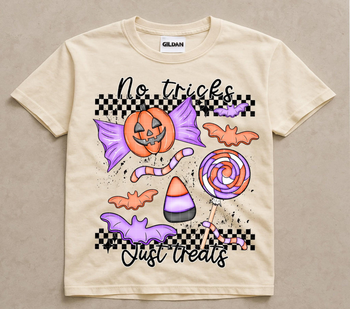No Tricks Just Treats checker candy (Linda) DTF Transfer