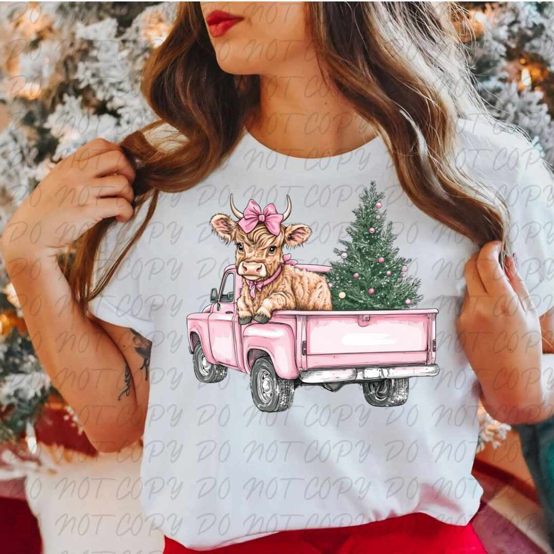 Shaggy cow with pink truck and tree (vintage) 67304 DTF transfer