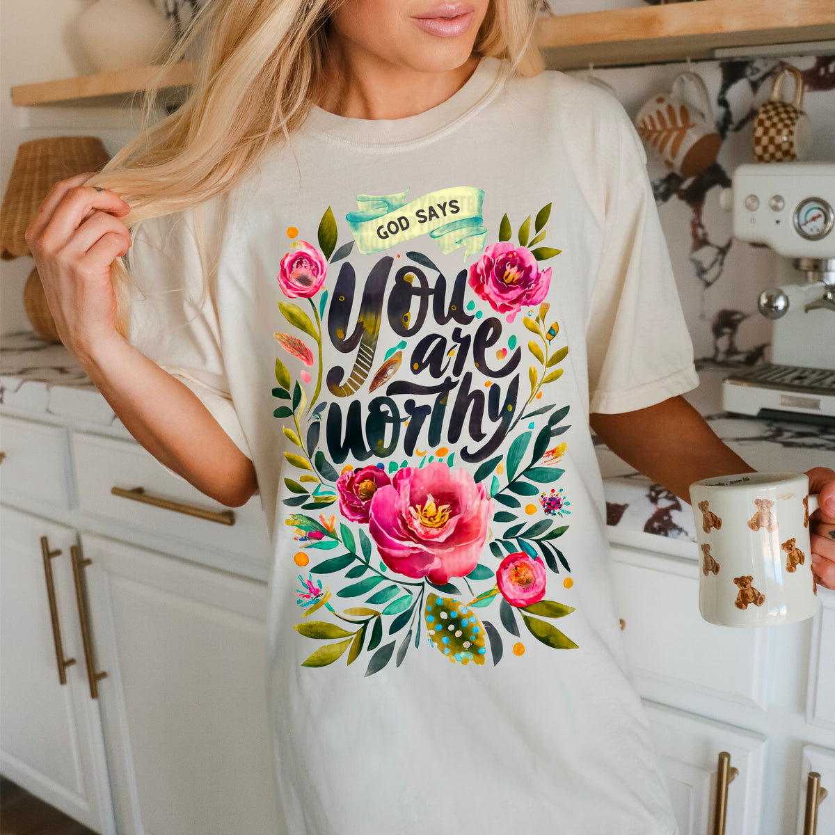 God says you are worthy pink flowers 94966 DTF transfer