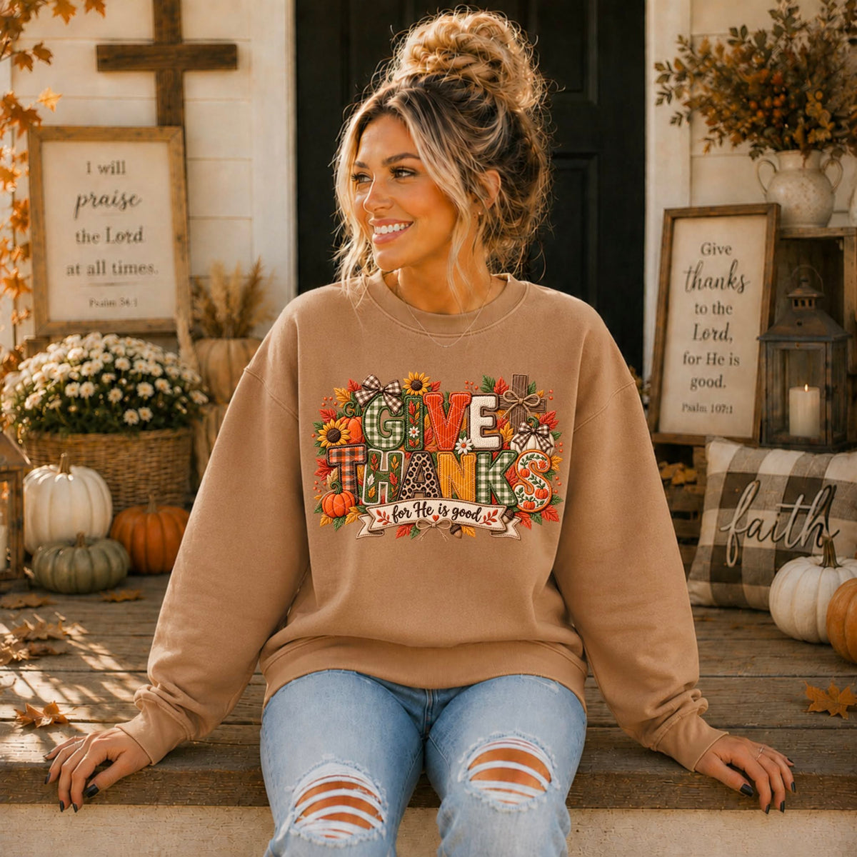 Give thanks for he is good fall fabric print (SDD) DTF Transfer