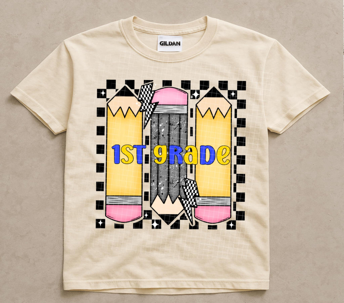 First Grade Checker & Pencils (blue/yellow) (linda) DTF transfer