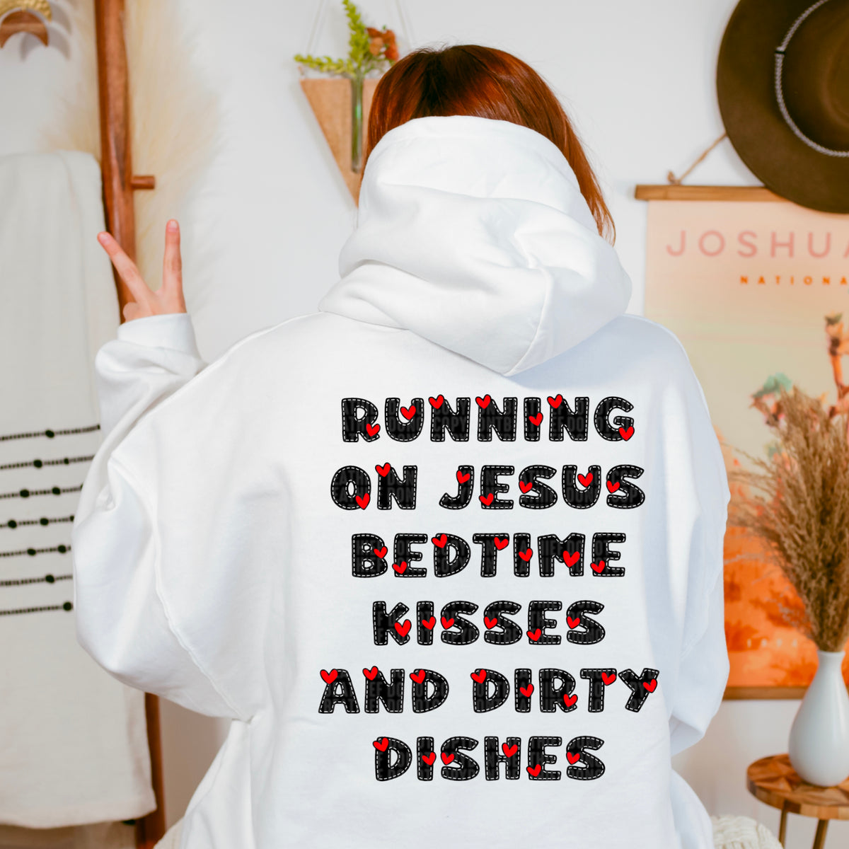 Running on Jesus bedtime kisses and dirty dishes black with red hearts 91645 DTF transfer
