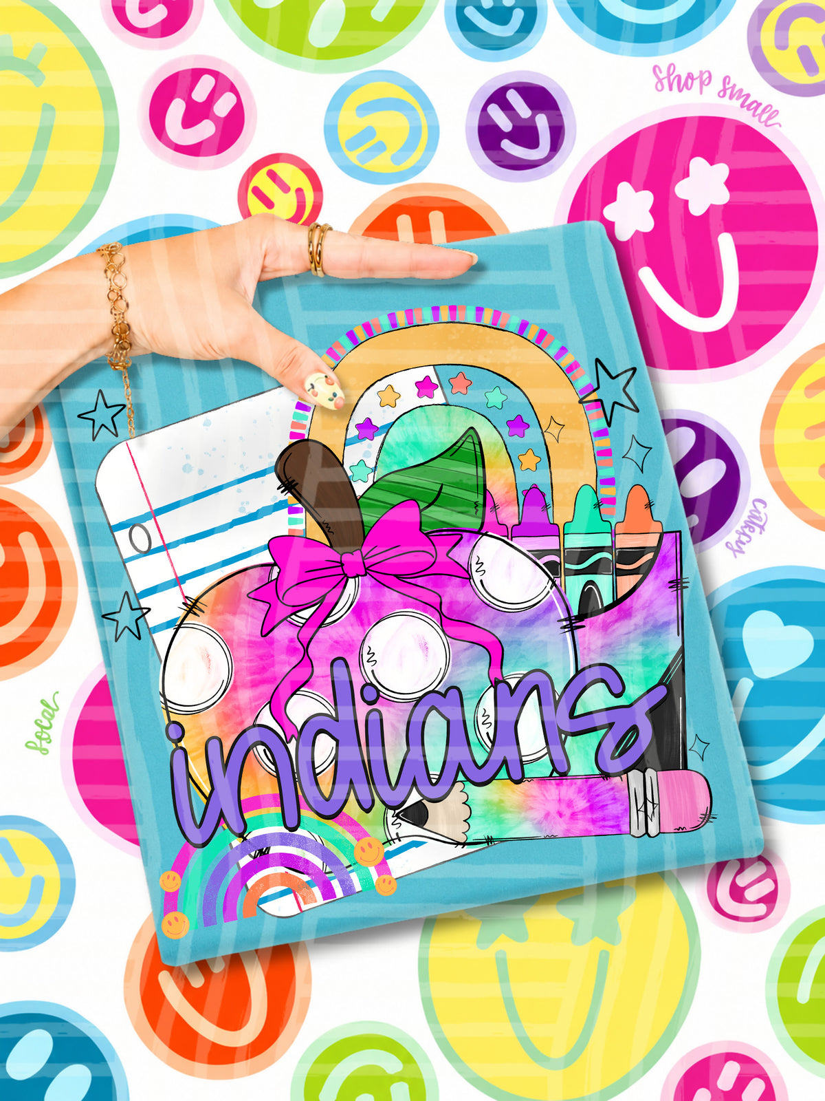 indians tie dye apple with white dots and school stuff (CAPLINGER) DTF Transfer