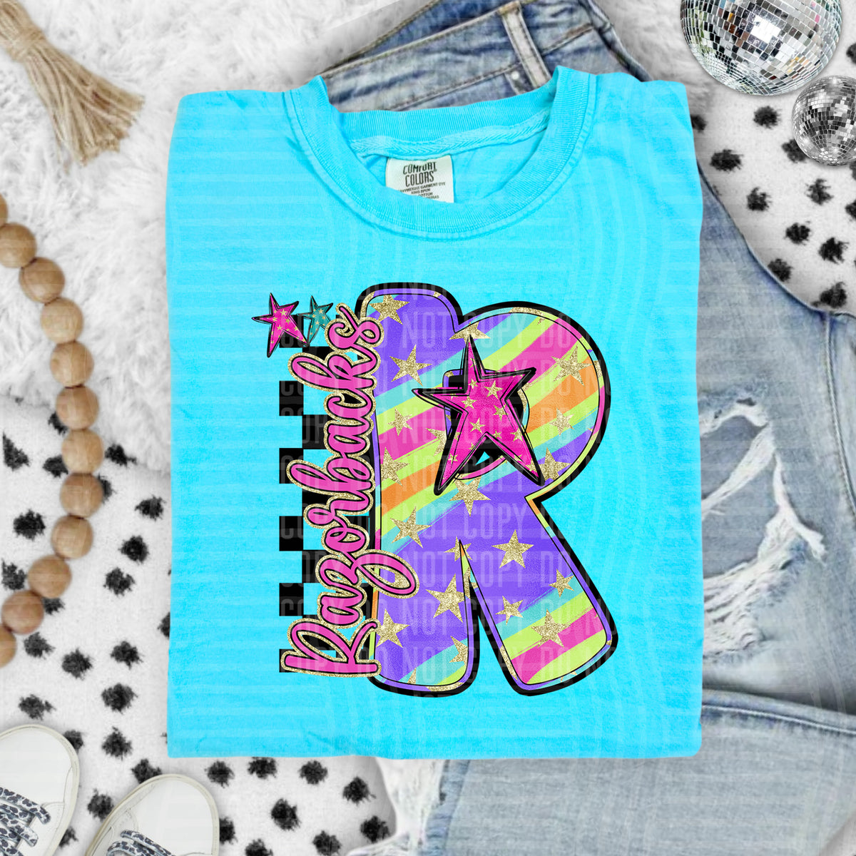 Razorbacks Colorful Retro Rainbow Letter R With Stars And Checker 108144 DTF transfer