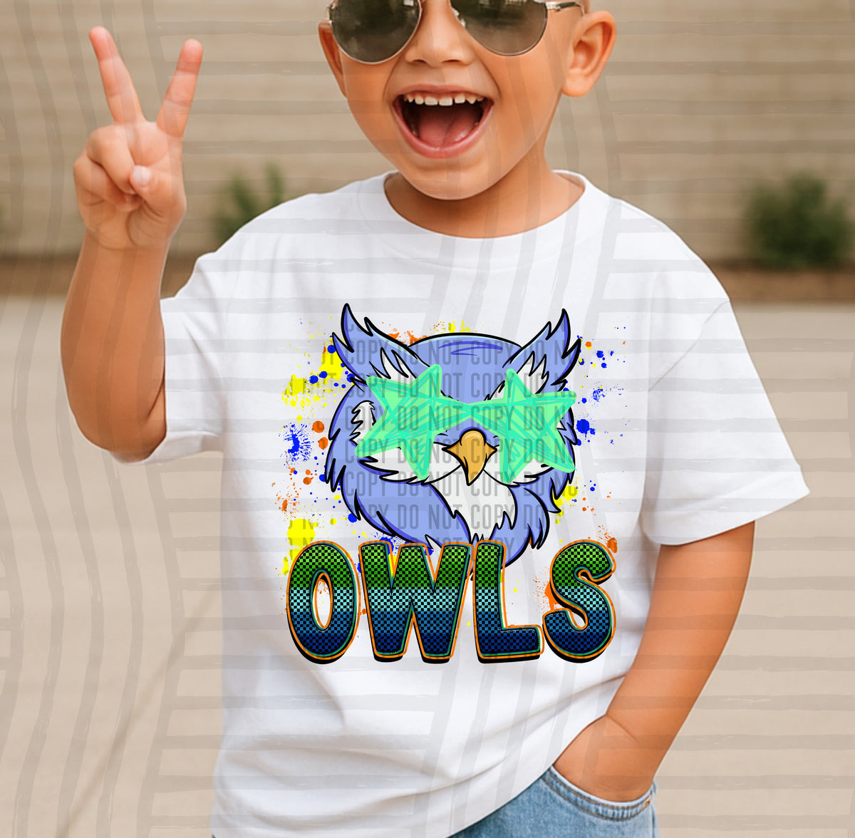 owls paint splatter boy blue green and yellow (Caplinger) DTF Transfer