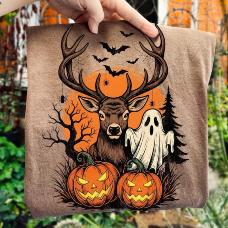 Deer, with ghosts and pumpkins DTF transfer
