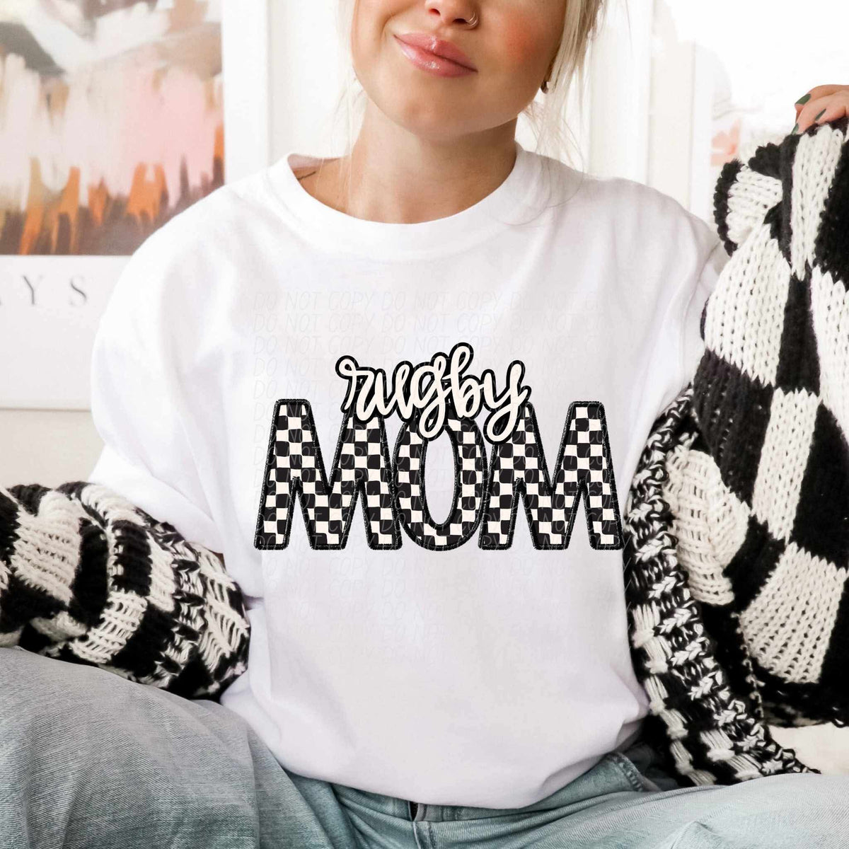 Rugby mom checkered city DTF transfer
