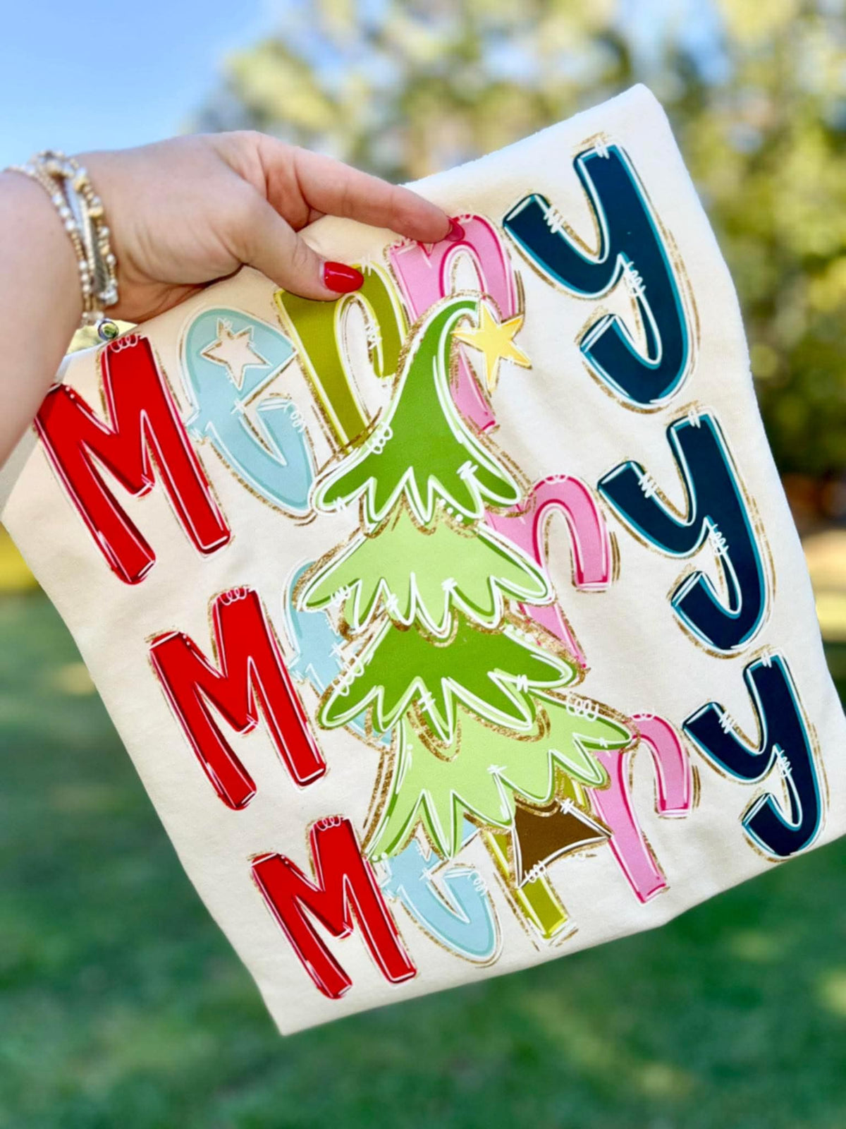 Merry Stacked with curved tree DTF transfer