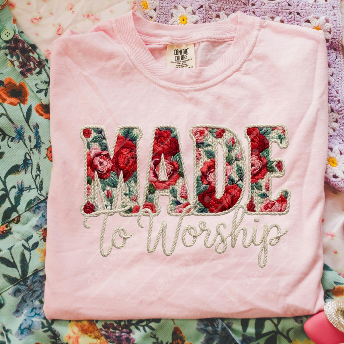 Made to worship faux embroidery floral DTF Transfer