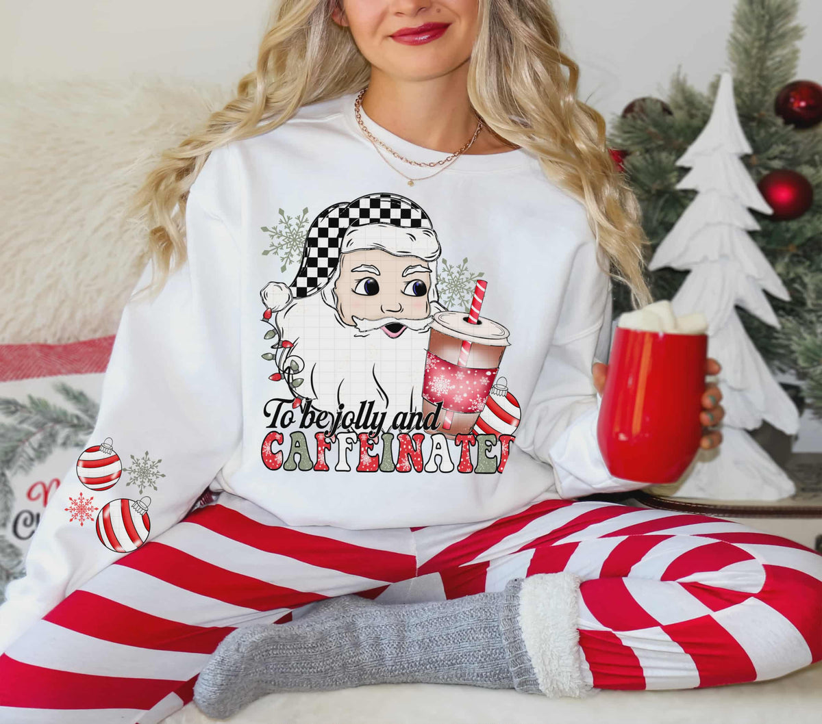 Jolly and Caffeinated lighter skin Santa and checker hat (linda) DTF Transfer