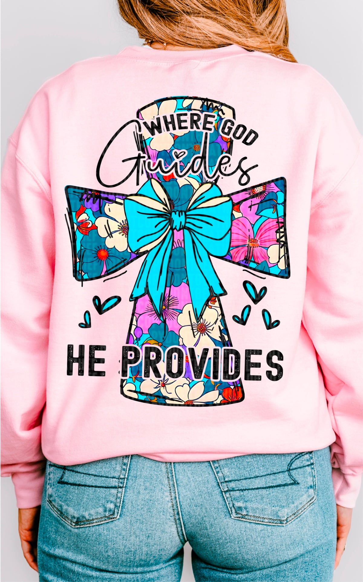 Where god guides he provides cross black font 93655 DTF transfer