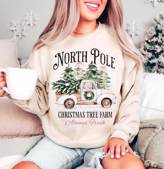 North Pole Christmas tree farm pink truck black font 70415 DTF transfer