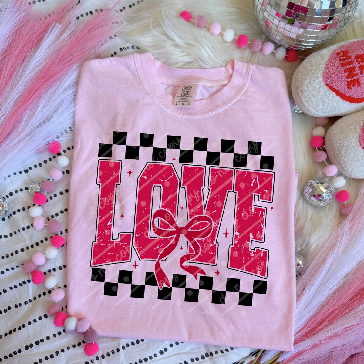 Love with bow and black checker DTF transfer