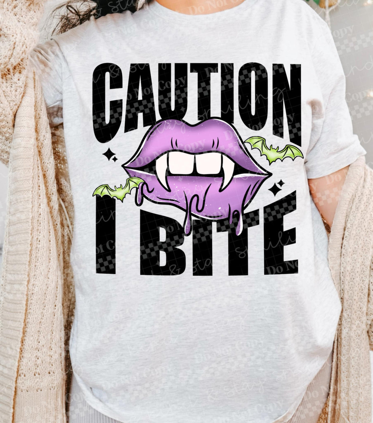 Caution I Bite purple vampire lips (two peas) DTF transfer
