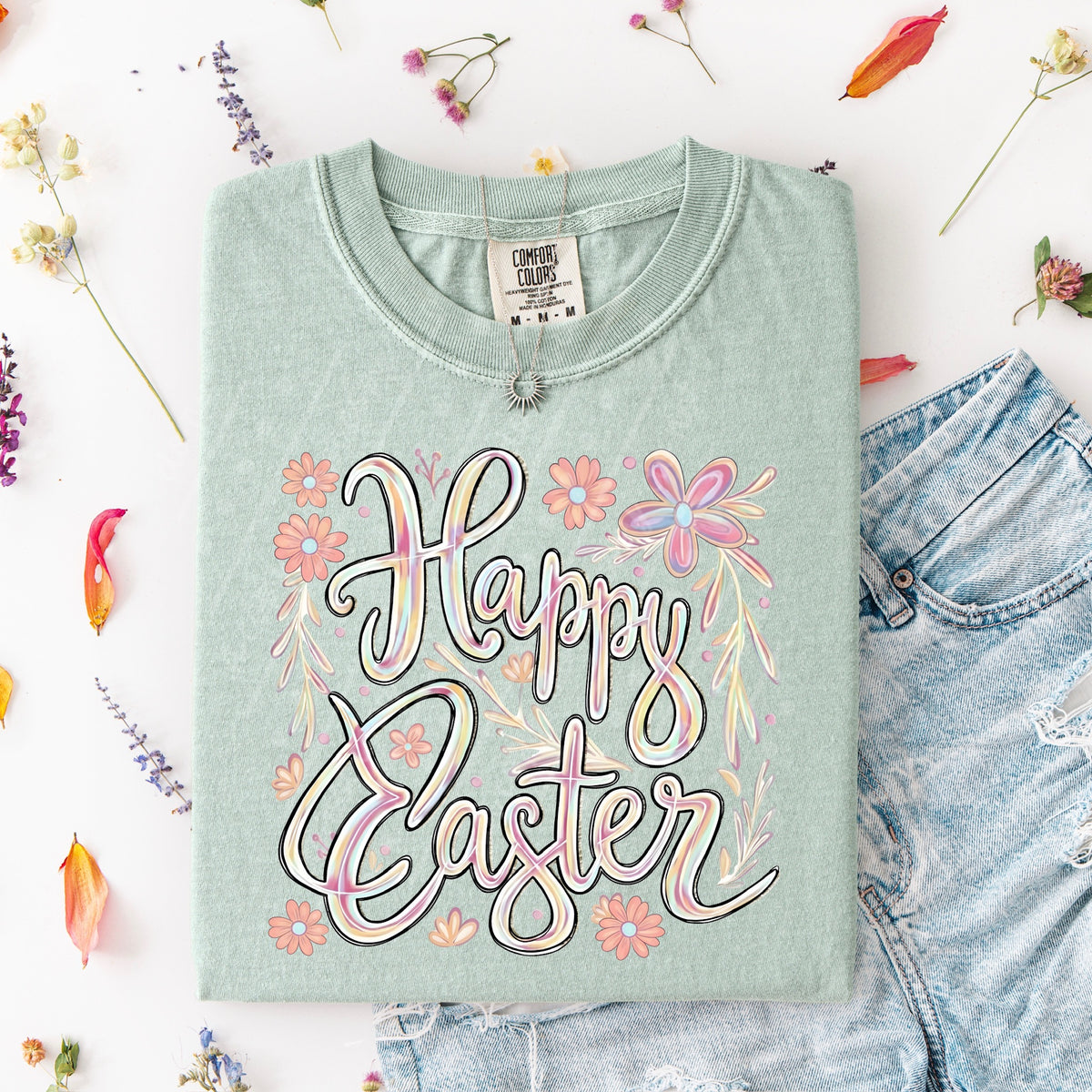 Happy Easter cursive with flowers DTF Transfer
