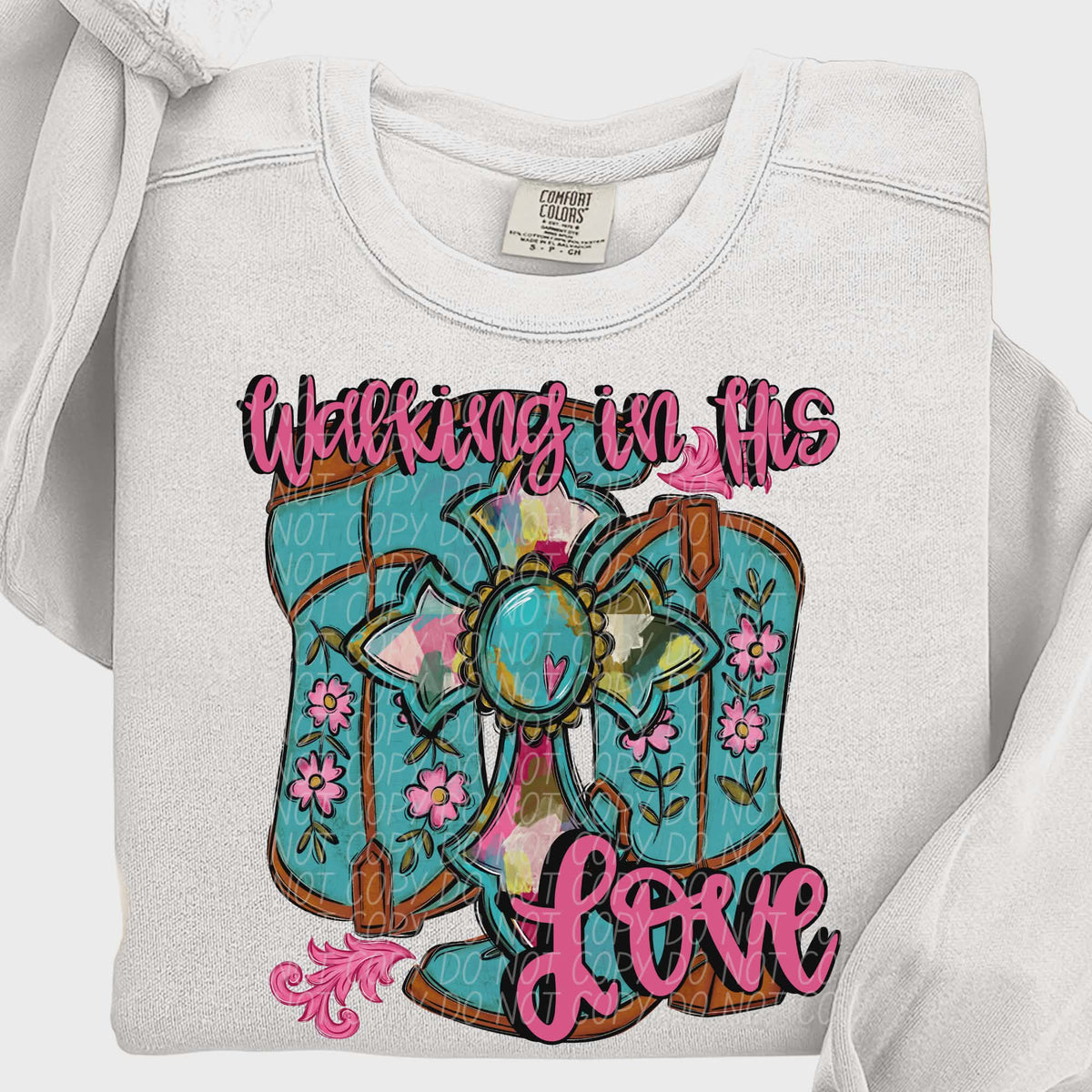 Walking in his love boots (teal and dark pink letters) (city) DTF transfer