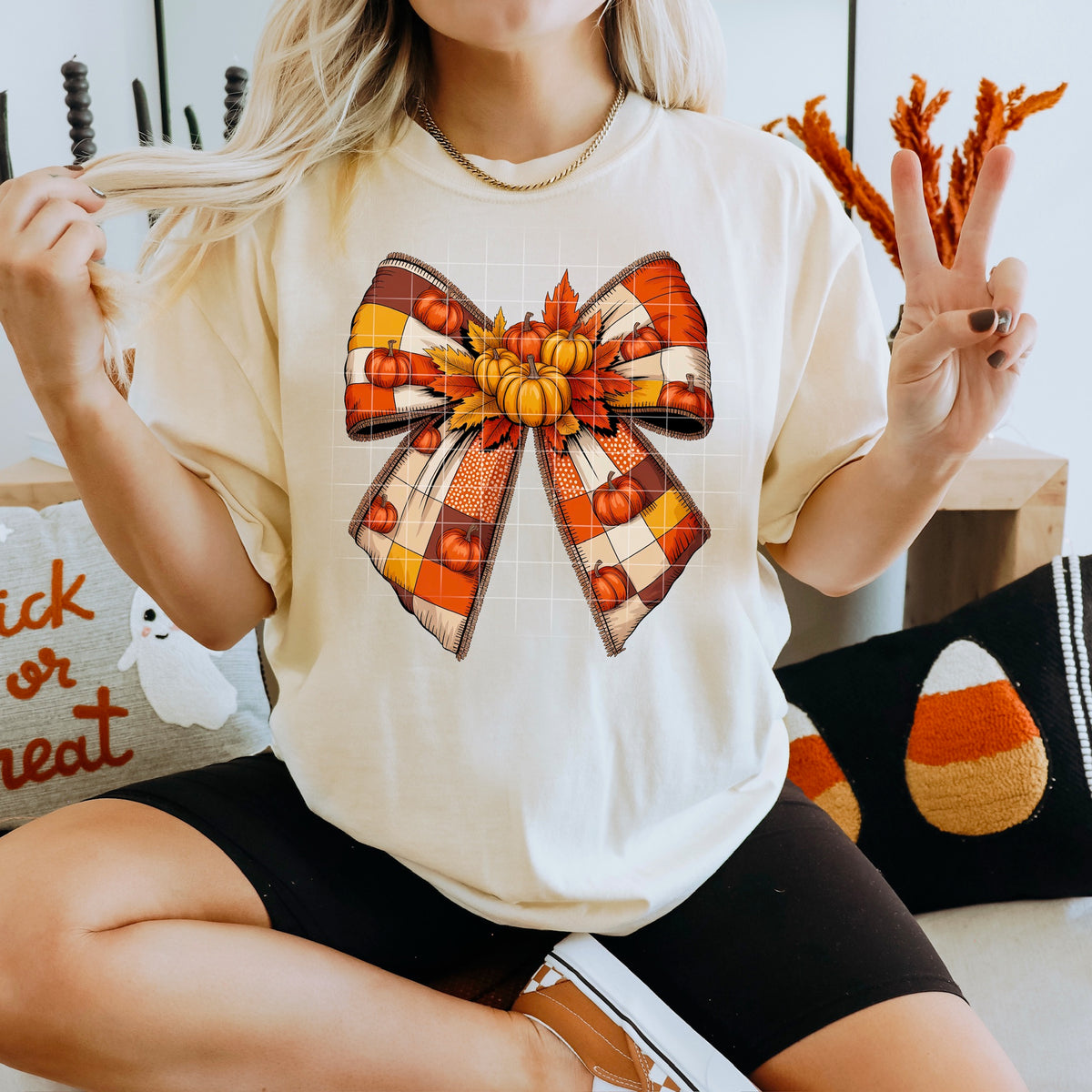 Orange Patchwork Bow with pumpkins 113757 DTF transfer