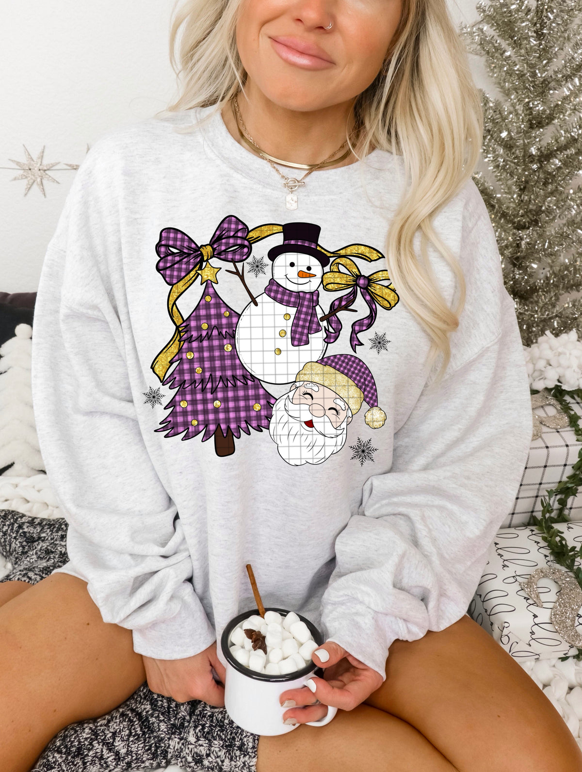 Purple Plaid snowman, Santa and tree (DDD) DTF transfer