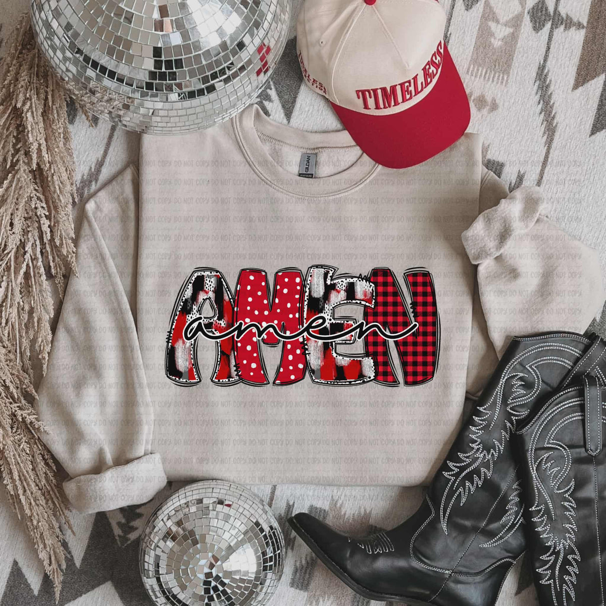 Amen red and black plaid cursive REVEL DTF Transfer
