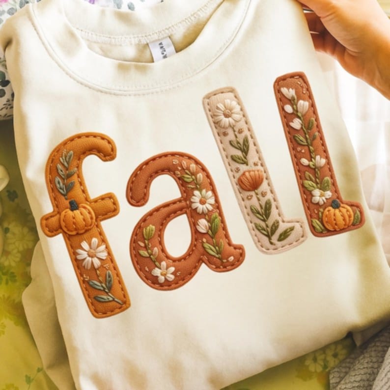 Fall orange faux embroidery with flowers and pumpkins DTF transfer