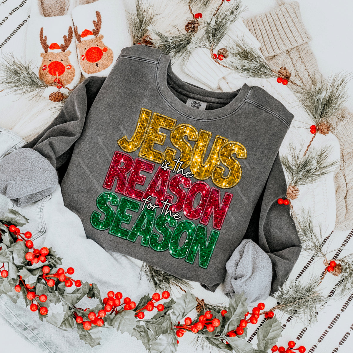 Jesus Is the Reason Faux Sequins RED YELLOW GREEN 111668 DTF transfer