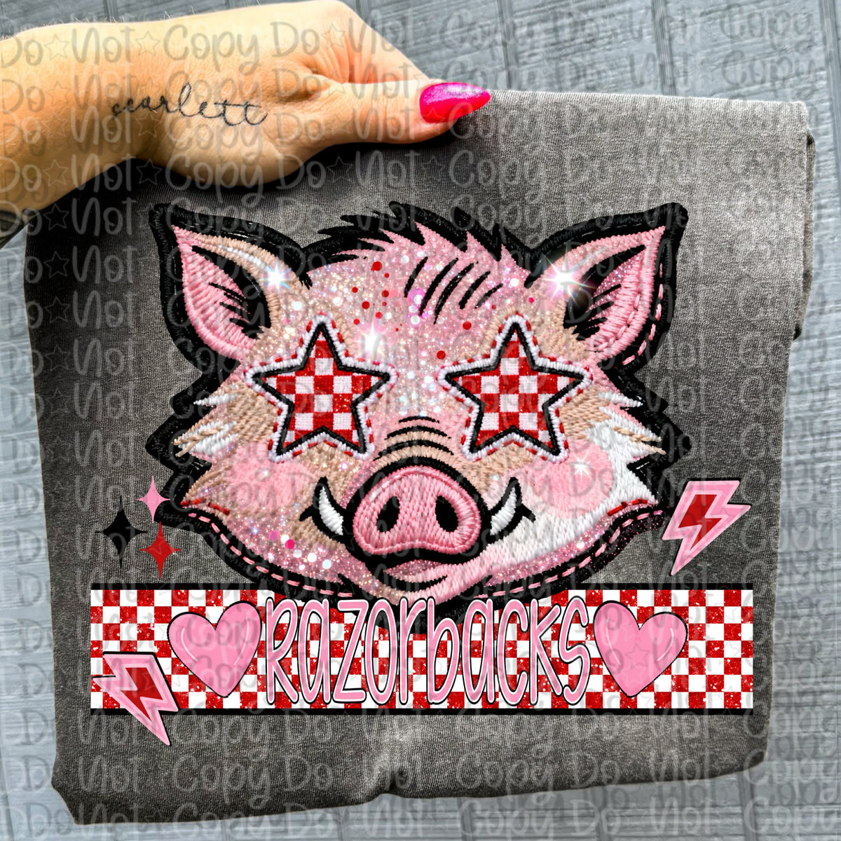 Razorbacks faux embroidery valentines (virgo) DTF transfer