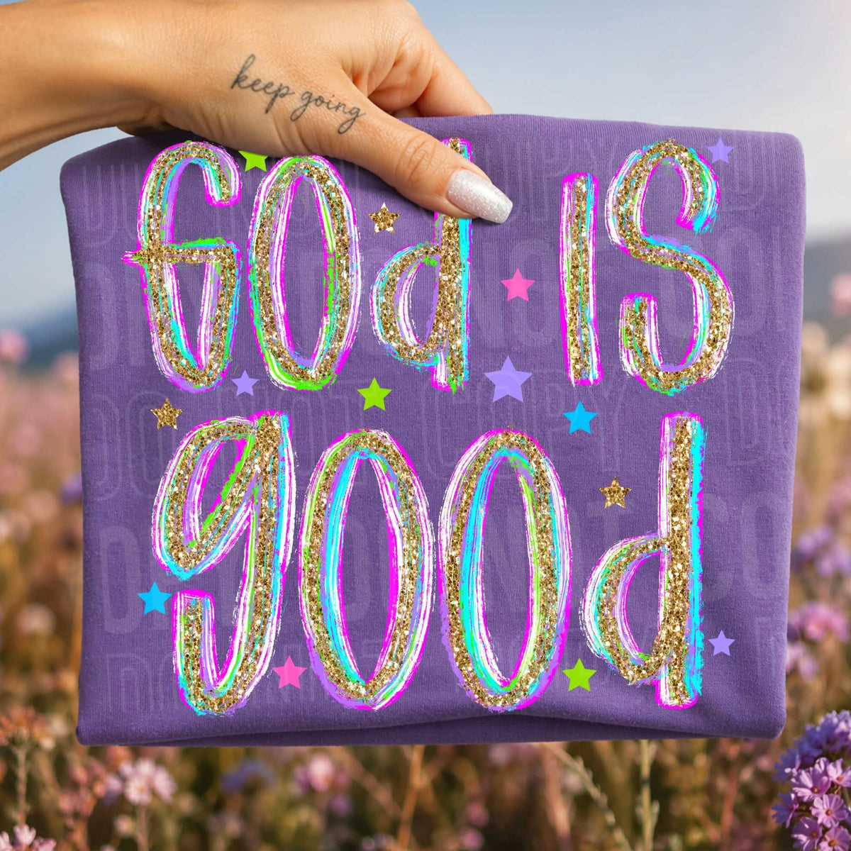 God Is good rainbow faux glitter font Sunday Special DTF transfer