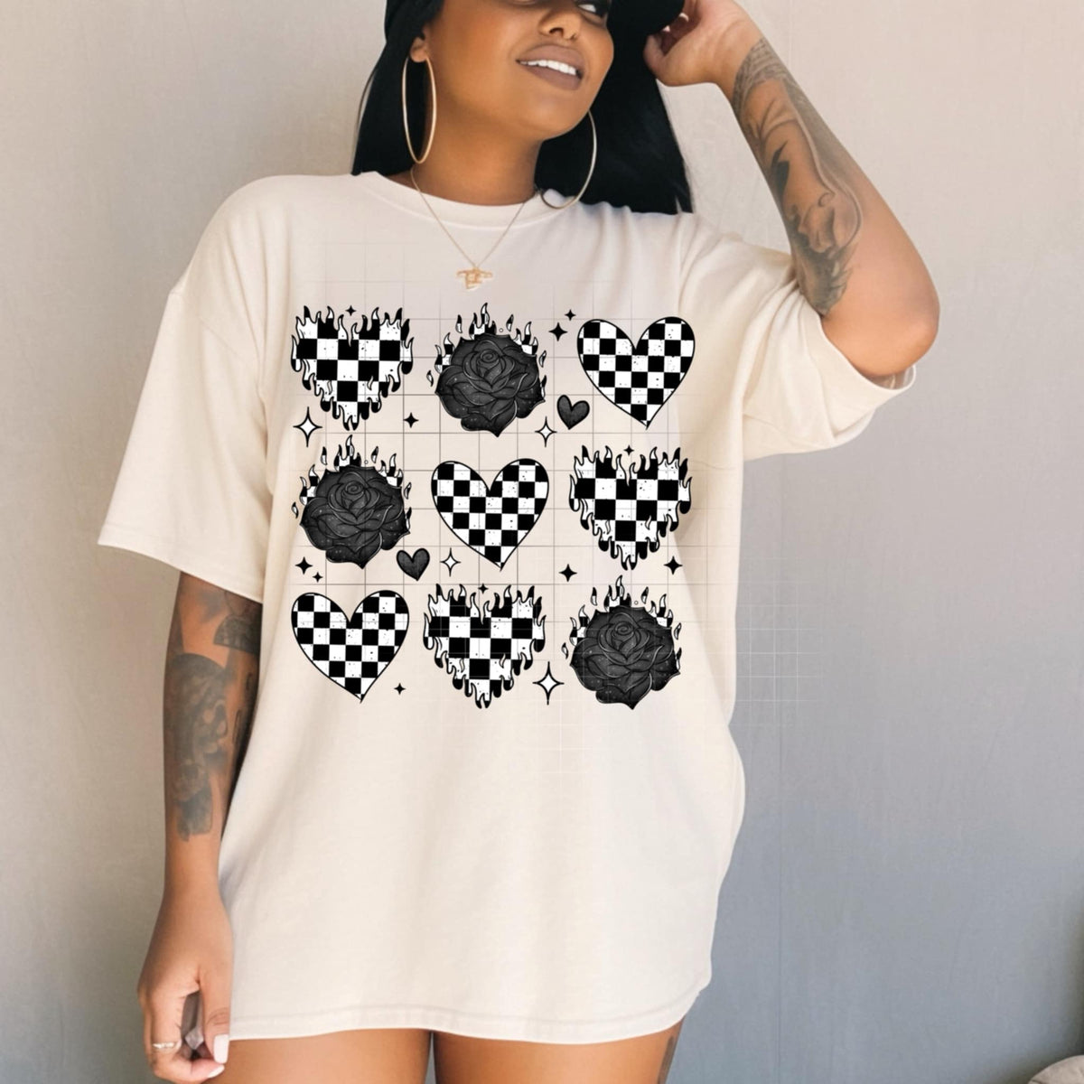 Checkered hearts and black roses collage (CSC) 87010 DTF transfer