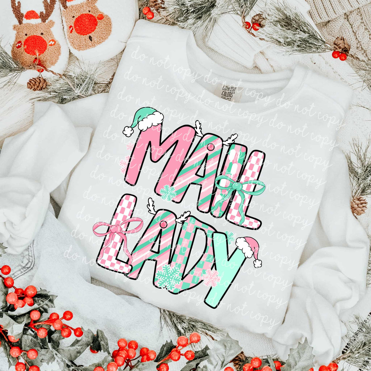 Mail Lady Mint and Pink Christmas letters DTF transfer