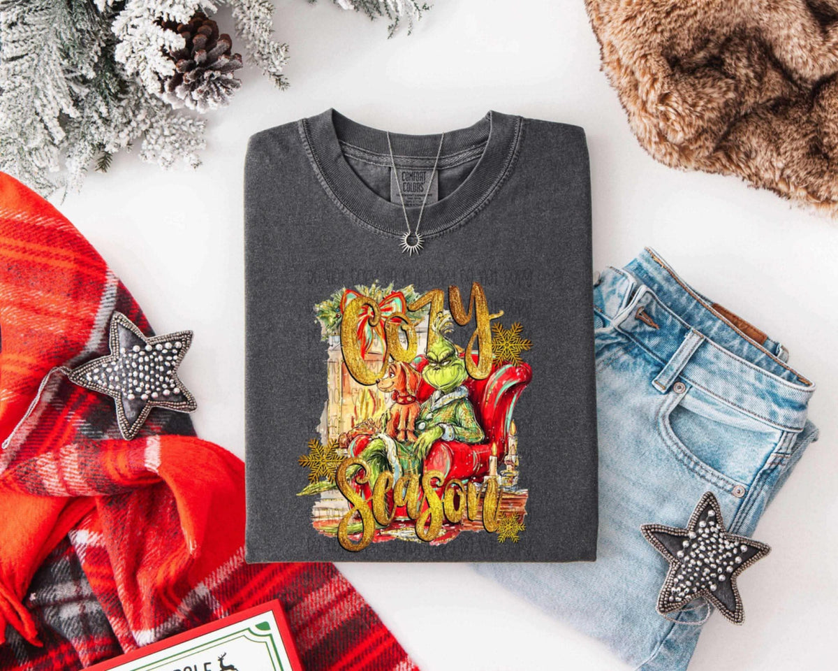 Cozy Season green guy in red chair (SSD) DTF transfer