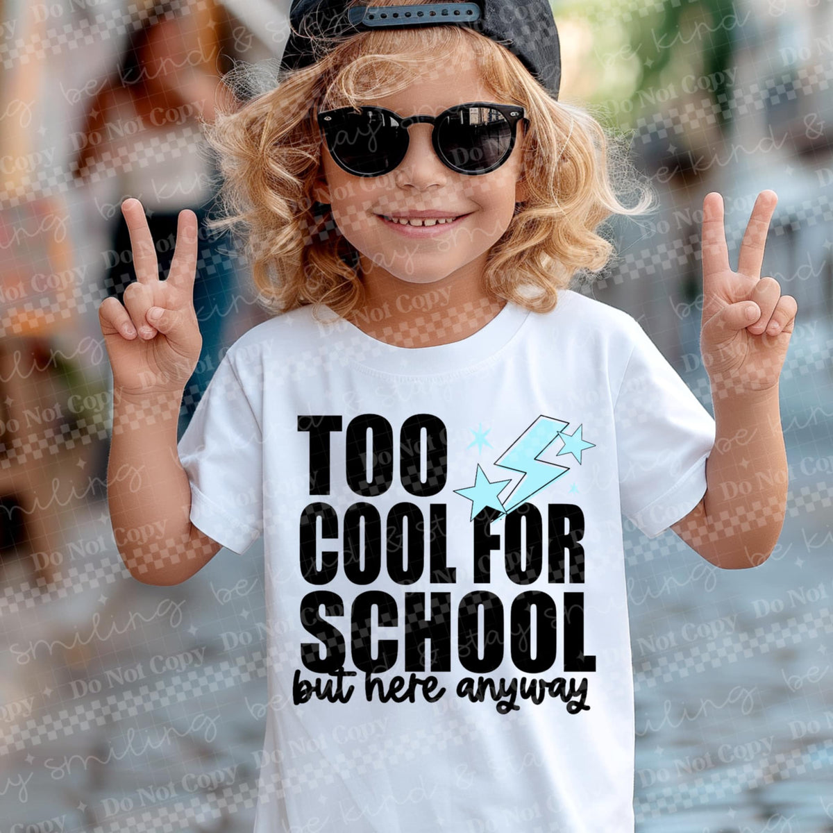 Too Cool For School but here anyway blue lightning bolt DTF transfer