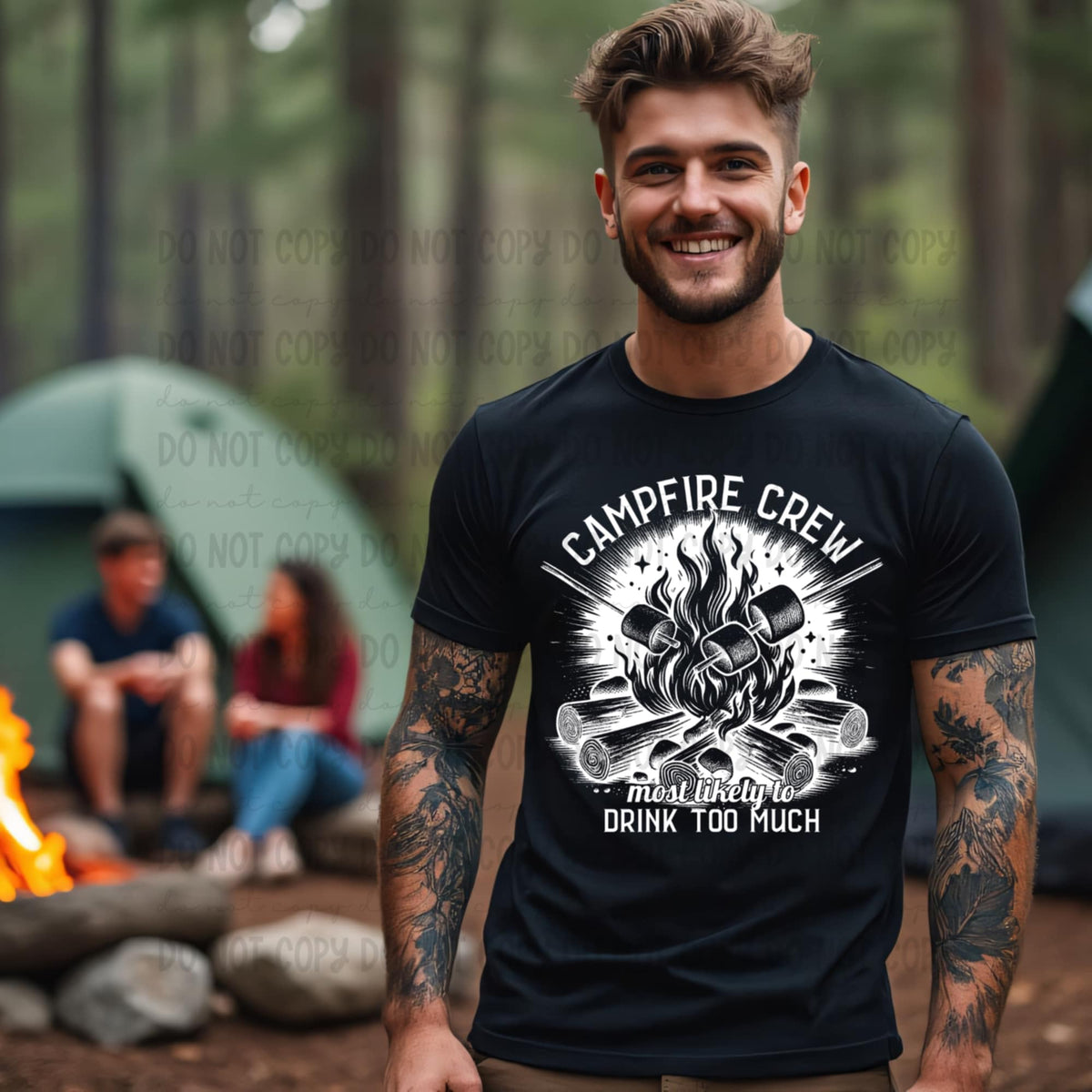 Camping crew most likely to drink too much WHITE (Revel) 99785 DTF transfer