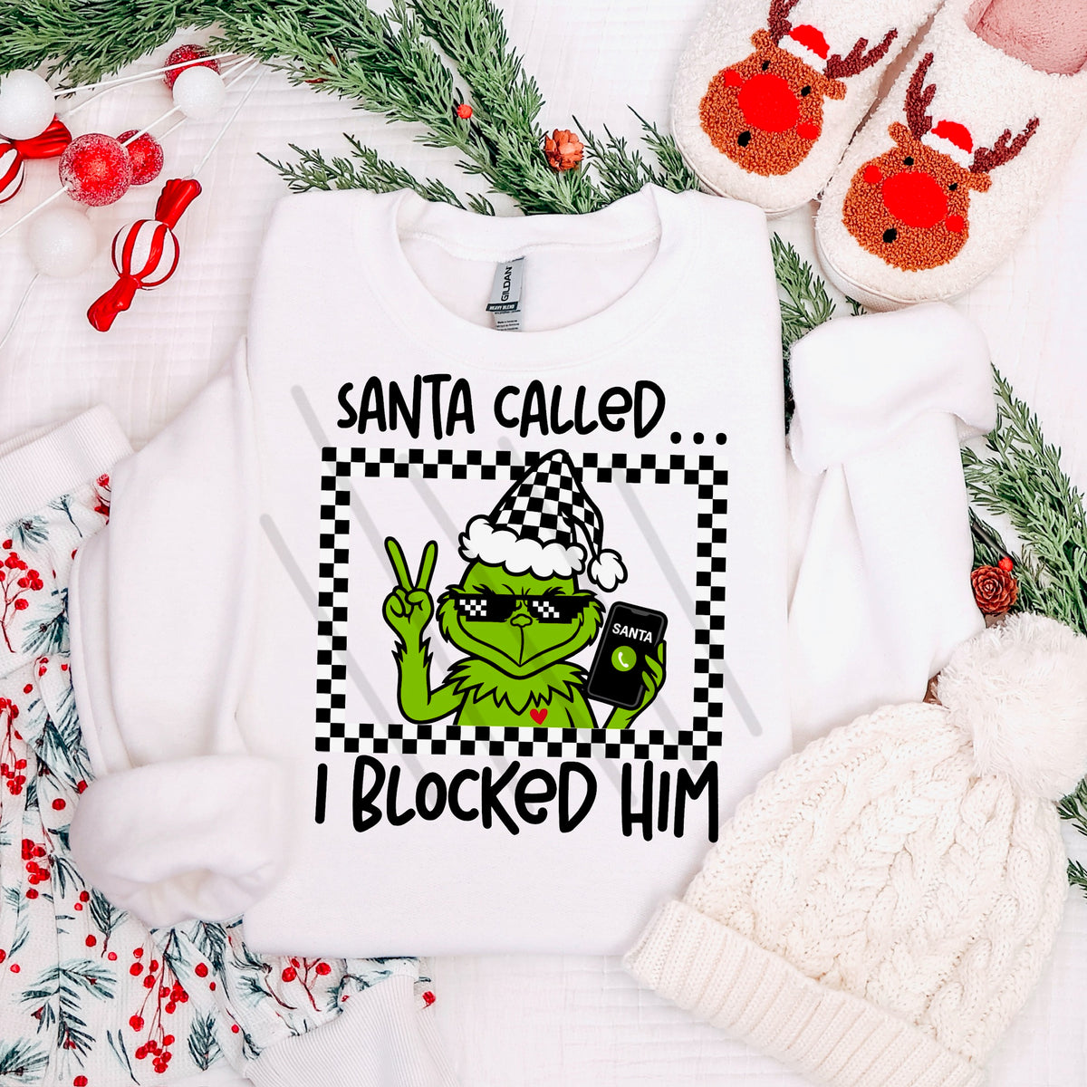 Santa Called, I blocked him Green Guy Checker border (MZ) 113545 DTF transfer