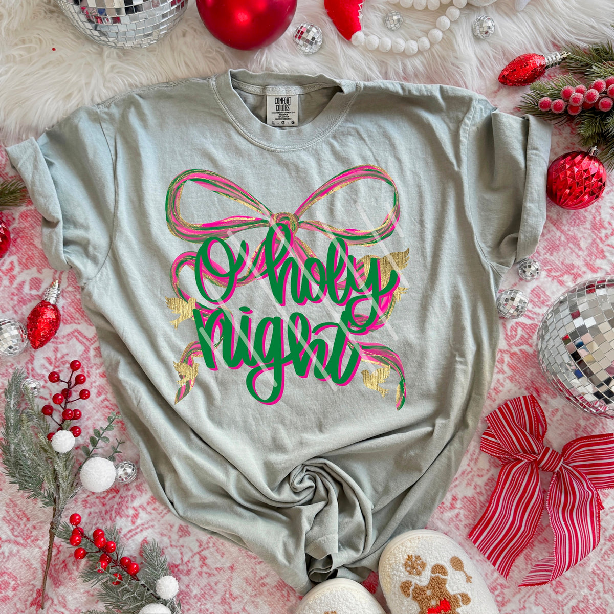 Holy Night green and pink bow 113632 DTF Transfer