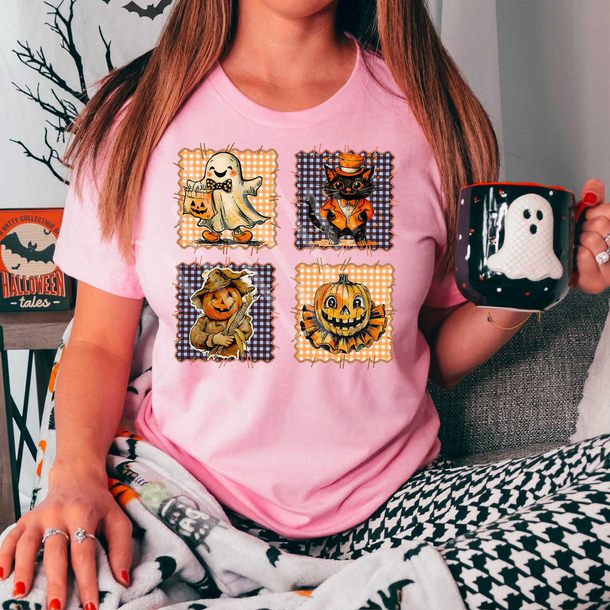 Fall plaid frames with ghost cat and pumpkin (WNDD) DTF transfer