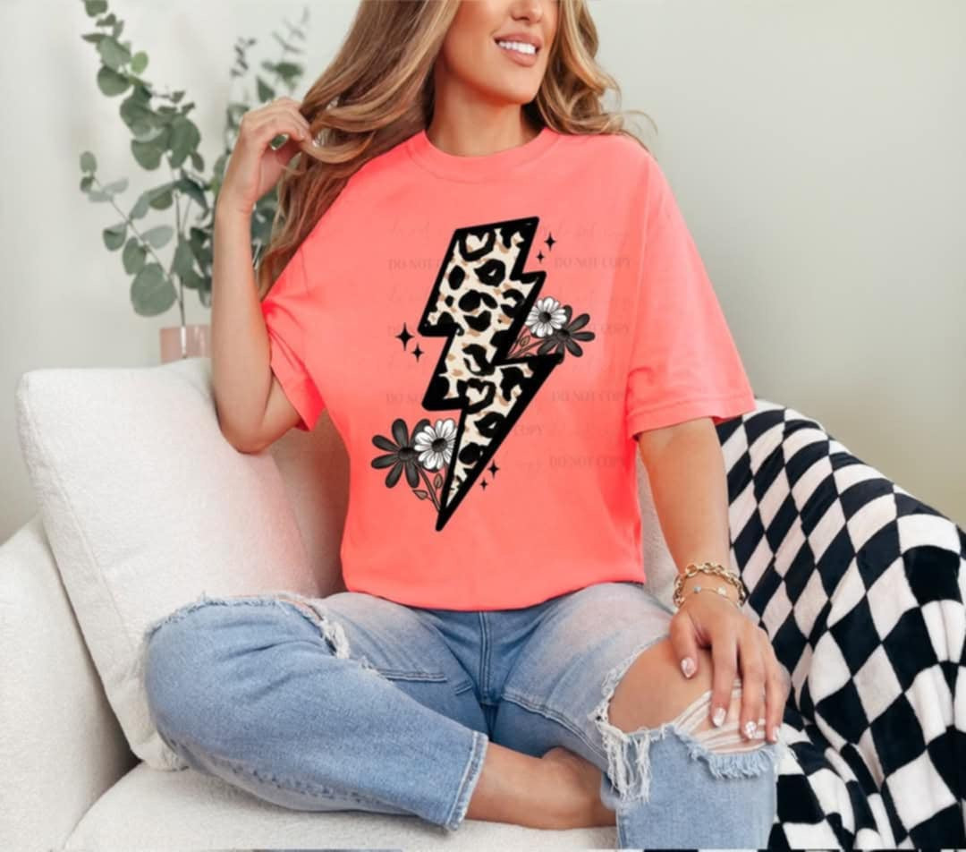 Leopard lightning bolt with dark flowers (40E) 96890 DTF transfer