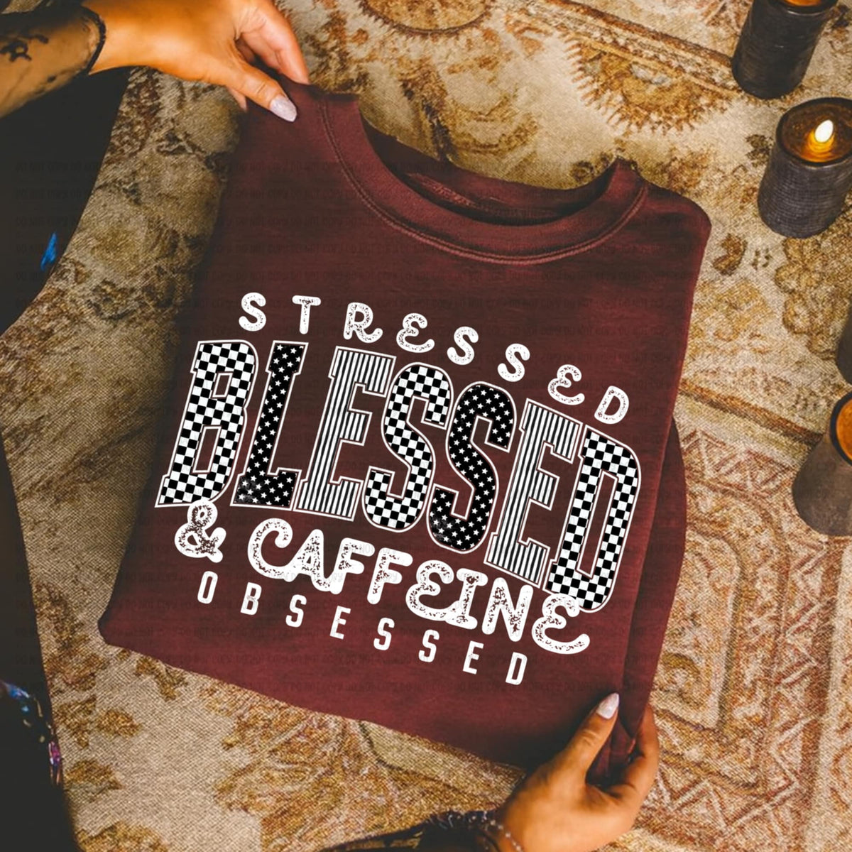 Stressed Blessed Caffeine Obsessed white words GRAY REVEL DTF transfer