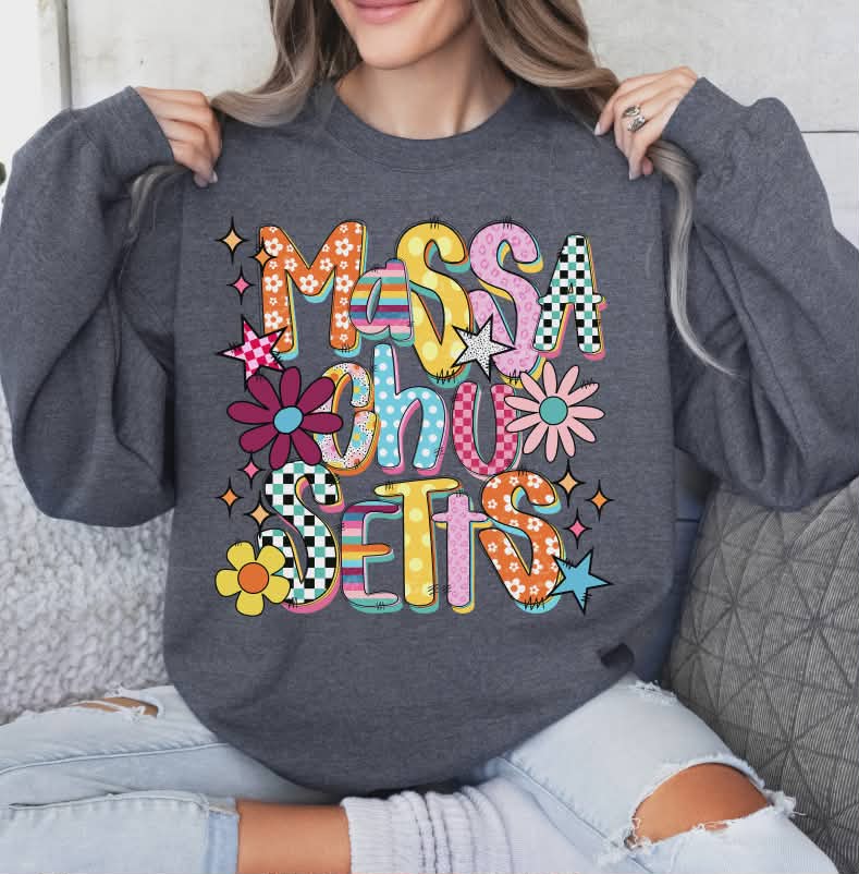 Massachusetts colorful stars and flowers (S&G) DTF Transfer