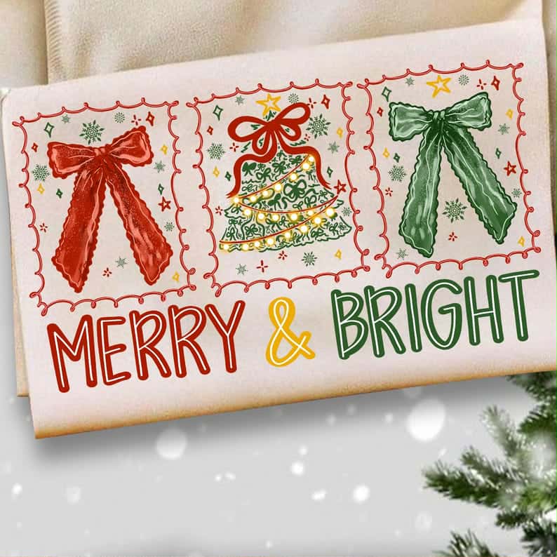 Merry and Bright Tree and bow stamps DTF transfer