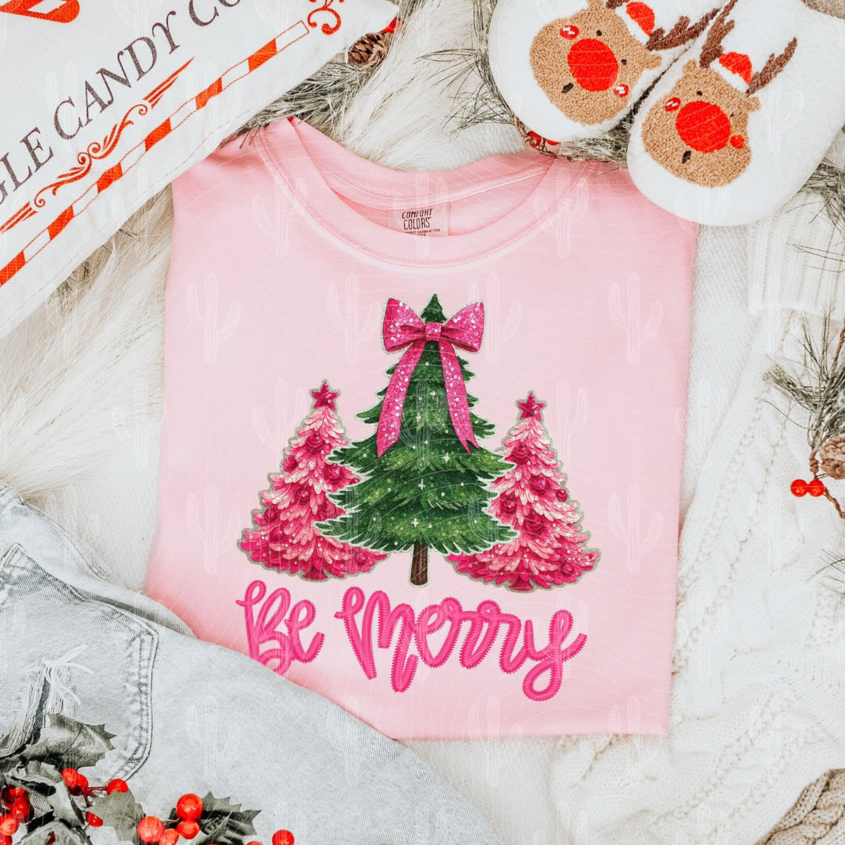 Be Merry pink and green trees (crafti) DTF transfer