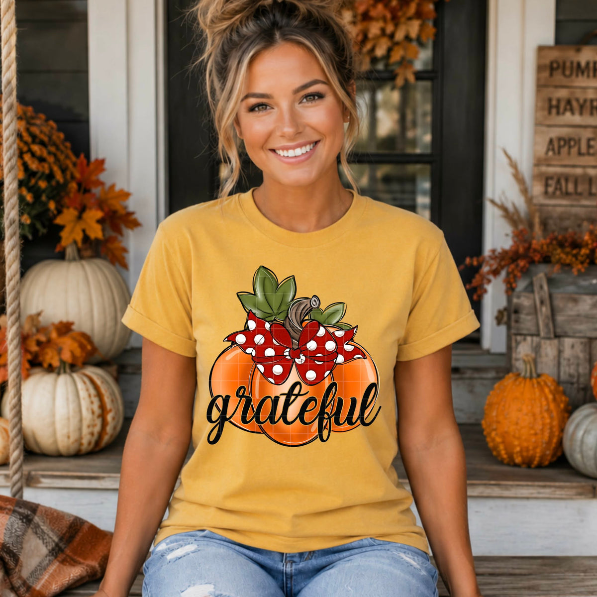 Grateful pumpkin with red polkadot bow (SDD) DTF Transfer