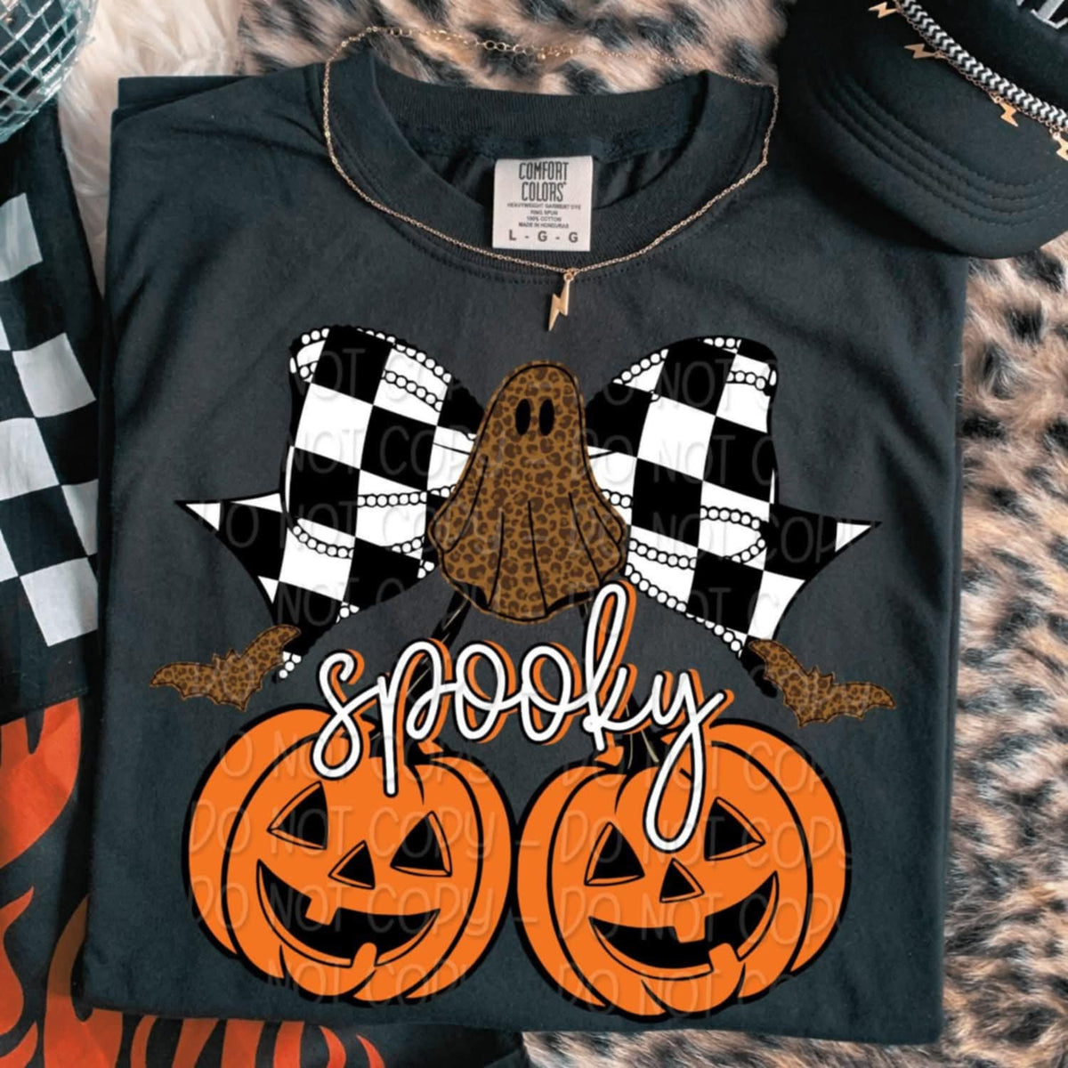Spooky Checker Pumpkin Bow Cherries (digi) 113129 DTF transfer