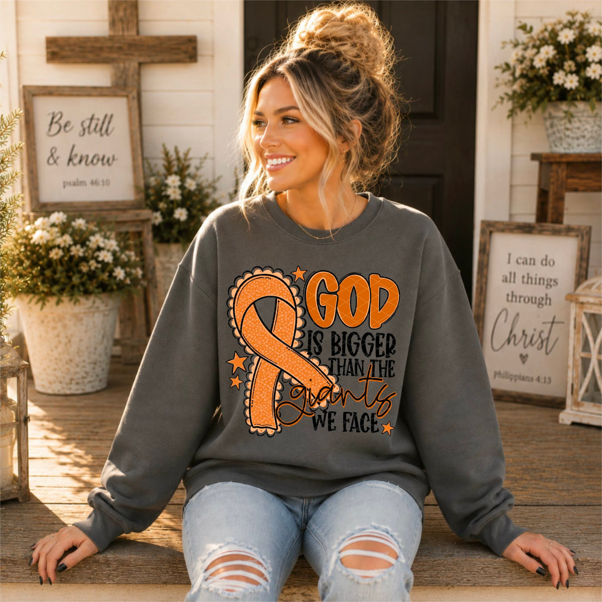 God is bigger than the giants we face ORANGE  ribbon (SDD) DTF Transfer