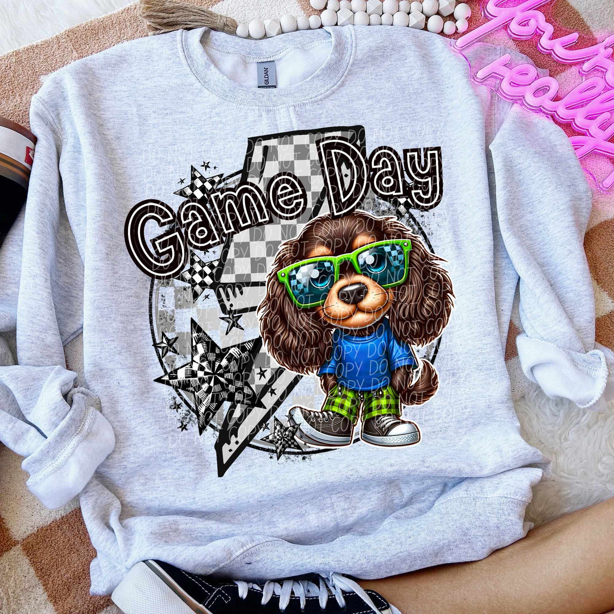 Game day long ear puppy green glasses lightning bolt (CITY) 52533 DTF transfer