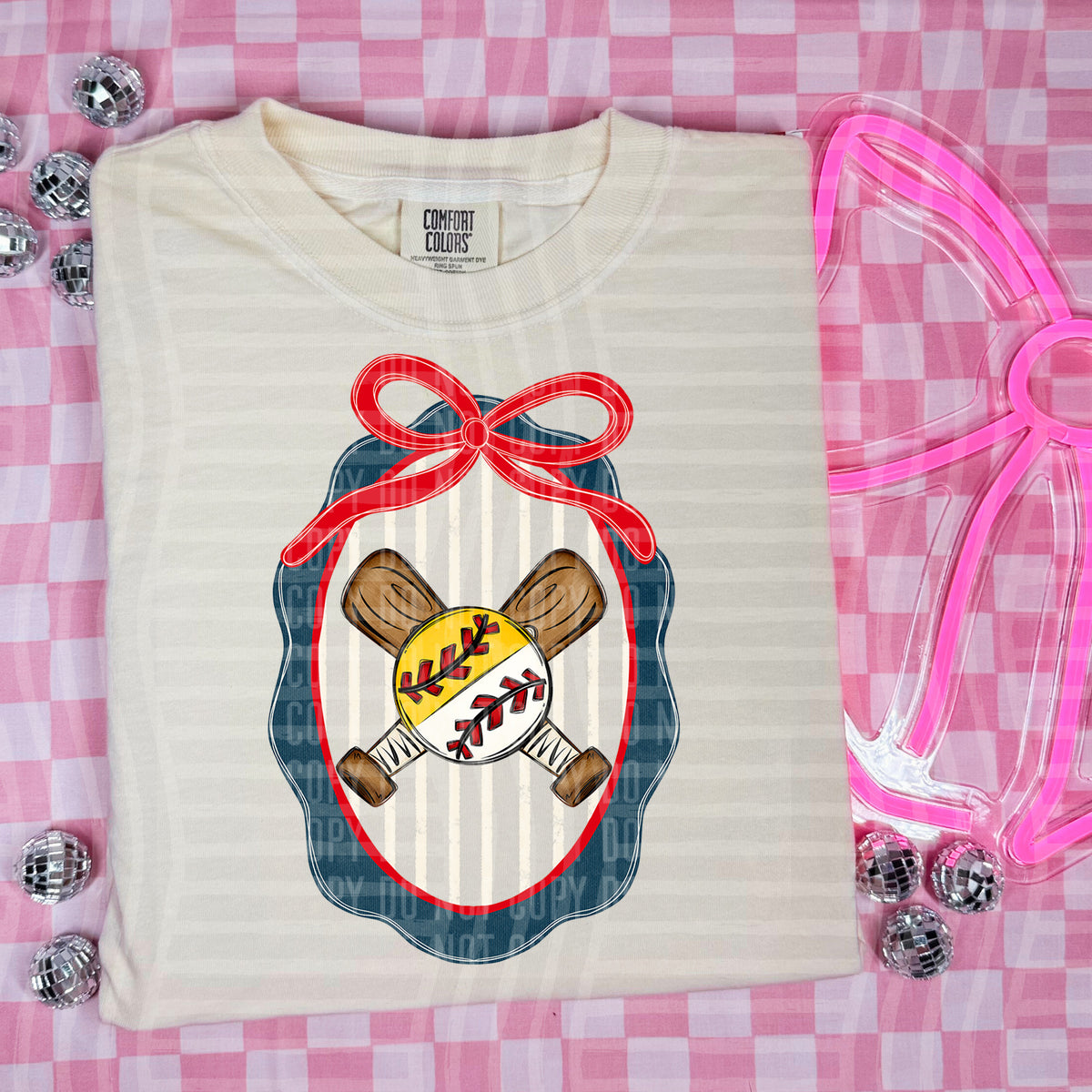 Baseball/Softball oval frame RED bow (Caplinger) DTF Transfer