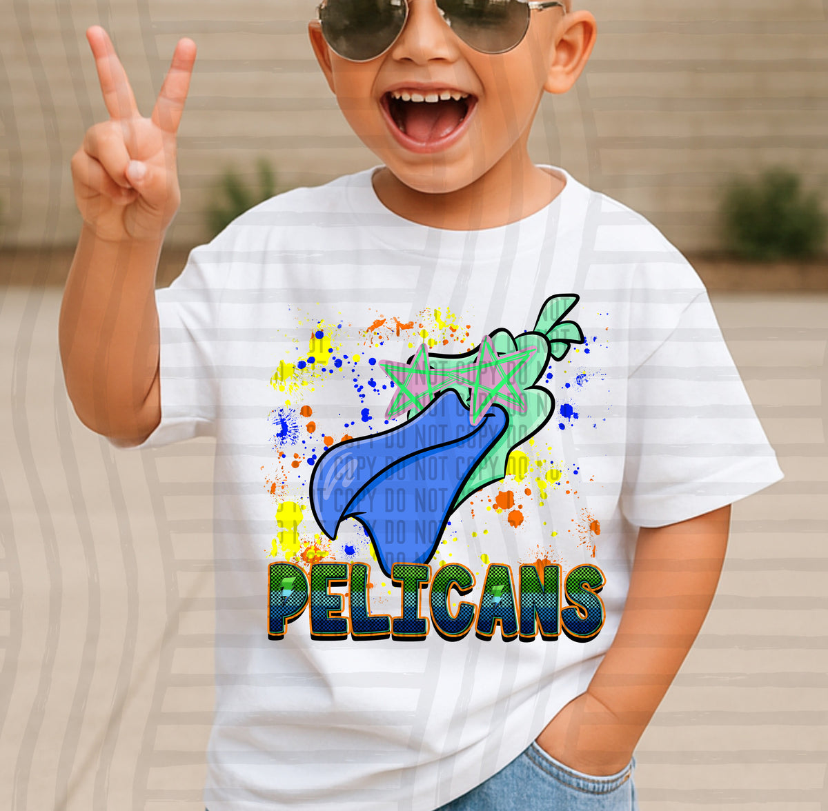 pelicans paint splatter boy blue green and yellow (Caplinger) DTF Transfer